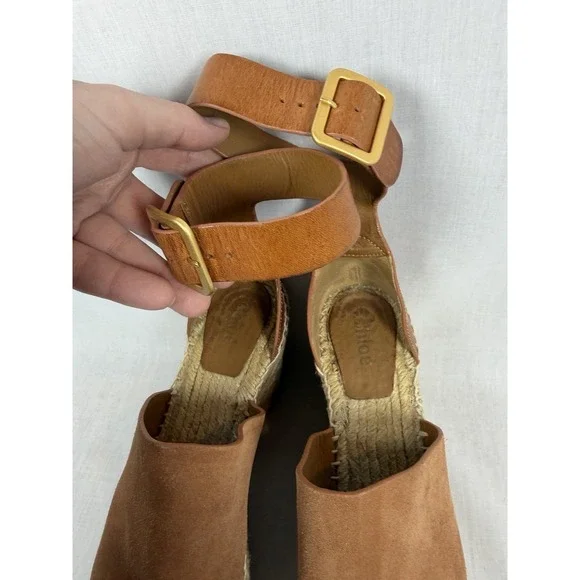 Chloé Ida Espadrille Wedge Sandals Brown Leather Platform Ankle Strap EU 38 - Picture 5 of 13